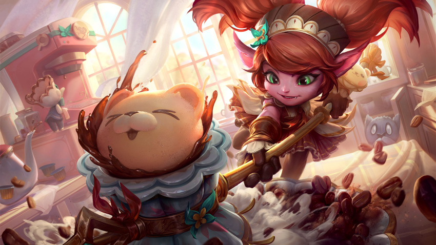 1girl absurdres brown_gloves brown_pantyhose cafe_cuties_poppy coffee_beans colored_skin cup day dress flower gloves green_eyes green_flower hair_flower hair_ornament hammer headdress highres holding holding_hammer indoors league_of_legends long_hair long_sleeves machine mug official_alternate_costume official_art pantyhose pink_skin pleated_dress pointy_ears poppy_(league_of_legends) red_dress red_hair solo table twintails window yordle