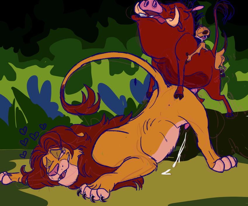 &lt;3 absurd_res anal anal_penetration balls bodily_fluids claws claws_out colored_sketch cum cumshot digital_media_(artwork) disney ejaculating_cum ejaculation erection eyes_closed felid feral forest genital_fluids genitals group group_sex herpestid hi_res hooves interspecies jungle larger_male lion littlestfuzz lucky_pierre male male/male male_penetrated male_penetrating male_penetrating_male mammal mane meerkat open_mouth orgasm orgasm_face pantherine penetration penile penile_penetration penis_in_ass plant predator/prey pumbaa retractable_claws sex simba size_difference sketch smaller_male suid suina tail tail_tuft teeth the_lion_king threesome timon tongue tree trio tuft unfinished warthog
