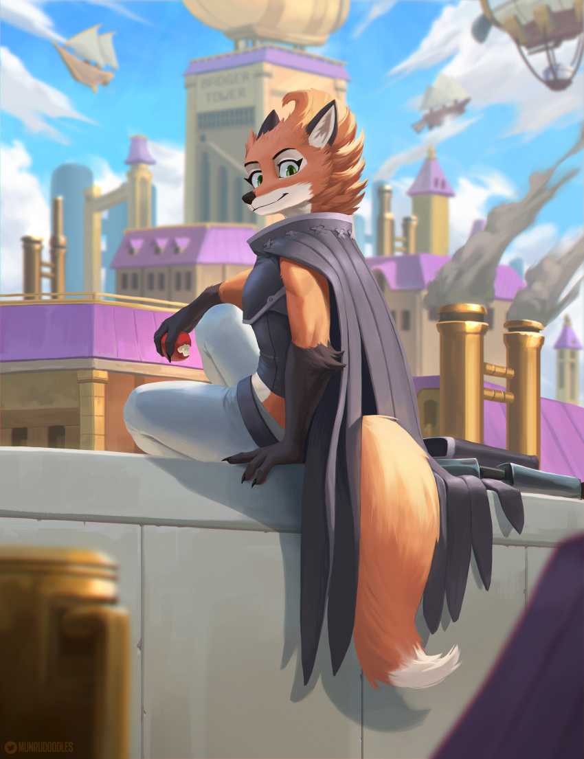 2022 absurd_res aircraft airship anthro artist_name bottomwear building canid canine cape city clothing cloud dungeons_of_aether female fleet_(dungeons_of_aether) fox fur hi_res hybrid looking_at_viewer looking_back looking_back_at_viewer mammal munrudoodles pants rivals_of_aether rooftop sitting sky skyscraper solo twitter twitter_handle twitter_logo