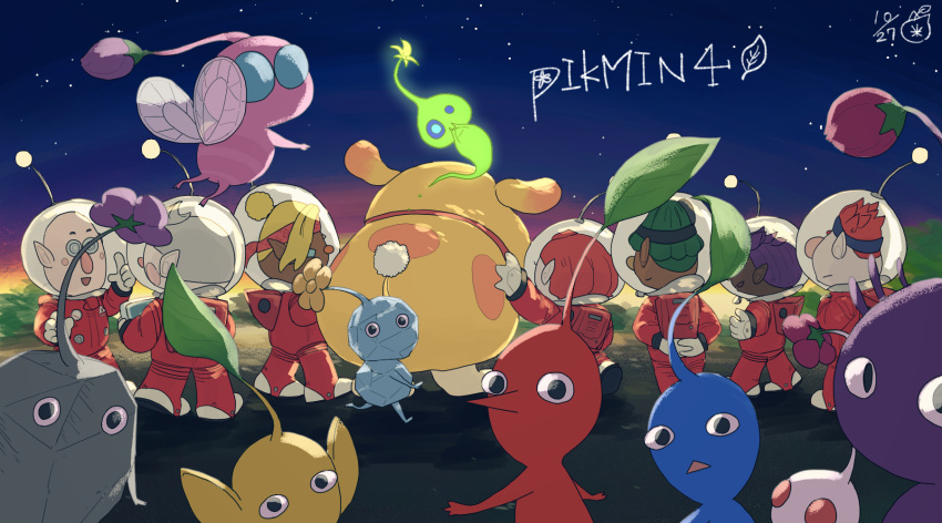 animal_collar animal_ears arms_behind_back asymmetrical_bangs backpack bag bald bernard_(pikmin) big_nose black_eyes black_headband black_skin blonde_hair blue_eyes blue_headband blue_pikmin blue_skin blush_stickers boots bud bush buttons closed_mouth collar collin_(pikmin) colored_skin commentary_request cowlick dark-skinned_female dark-skinned_male dark_skin dated dingo_(pikmin) dog_ears dog_tail everyone eyelashes floppy_ears flower flying from_behind frown gauge ghost_tail gloves glow_pikmin green_hair green_skin grey_hair hair_bun hair_over_one_eye hand_on_animal hand_on_own_chest head_mirror headband helmet highres holding holding_tablet_pc ice ice_pikmin insect_wings jumpsuit leaf leaning_to_the_side long_bangs looking_at_another looking_at_viewer looking_back marking_on_cheek marukomarkome night night_sky no_mouth novelty_glasses oatchi_(pikmin) open_mouth outdoors outstretched_arm own_hands_together pikmin_(series) pikmin_4 pink_flower pink_nose pink_skin plump pointing pointing_up pointy_ears pointy_nose purple_flower purple_hair purple_pikmin purple_skin radio_antenna red_bag red_collar red_eyes red_hair red_jumpsuit red_pikmin rescue_corps rescue_officer_(pikmin) rock rock_pikmin round_eyewear russ_(pikmin) shepherd_(pikmin) short_hair single_hair_bun sky smile solid_circle_eyes space_helmet spacesuit spiked_hair spots star_(sky) starry_sky straight-on sunset tablet_pc tail talking triangle_mouth very_dark_skin very_short_hair whistle white_footwear white_gloves white_pikmin white_skin winged_pikmin wings yellow_flower yellow_fur yellow_pikmin yellow_skin yonny_(pikmin)