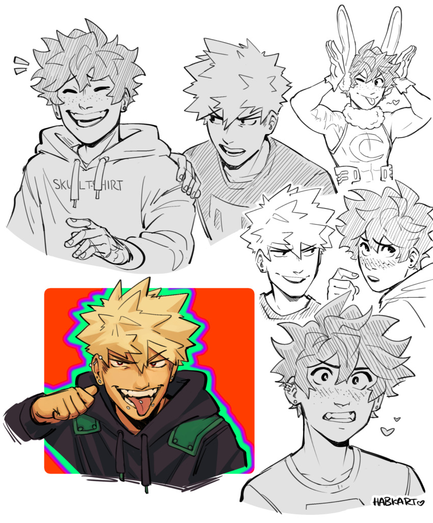 2boys animal_ears bakugou_katsuki black_hoodie blonde_hair blush boku_no_hero_academia clenched_teeth closed_eyes closed_mouth clothes_writing commentary cosplay earrings english_commentary freckles habkart hand_on_another's_shoulder highres hood hood_down hoodie jewelry long_sleeves looking_at_viewer male_focus midoriya_izuku mirko mirko_(cosplay) multiple_boys multiple_views one_eye_closed open_mouth piercing rabbit_ears short_hair simple_background smile spiked_hair teeth tongue_piercing upper_body white_background