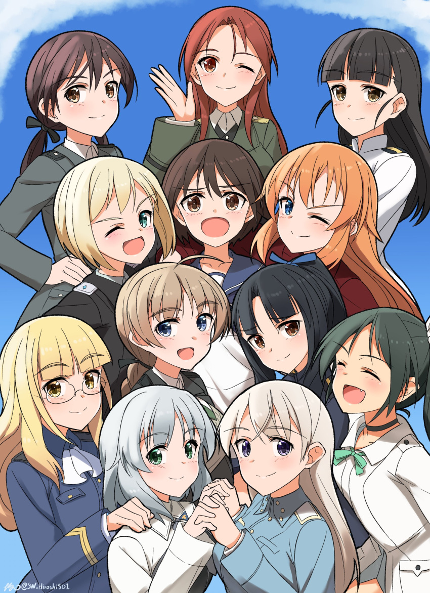 6+girls absurdres black_hair blonde_hair blue_eyes blush bow braid braided_ponytail charlotte_e._yeager closed_eyes closed_mouth eila_ilmatar_juutilainen erica_hartmann fang francesca_lucchini gertrud_barkhorn glasses green_hair hair_bow hand_on_another's_shoulder hand_on_own_hip hattori_shizuka highres hiroshi_(hunter-of-kct) holding_hands interlocked_fingers long_hair looking_at_viewer lynette_bishop military military_uniform minna-dietlinde_wilcke miyafuji_yoshika multiple_girls neckerchief one_eye_closed open_mouth orange_hair perrine_h._clostermann ponytail red_eyes red_hair sakamoto_mio sanya_v._litvyak short_hair signature sky smile strike_witches twintails uniform white_hair world_witches_series yellow_eyes