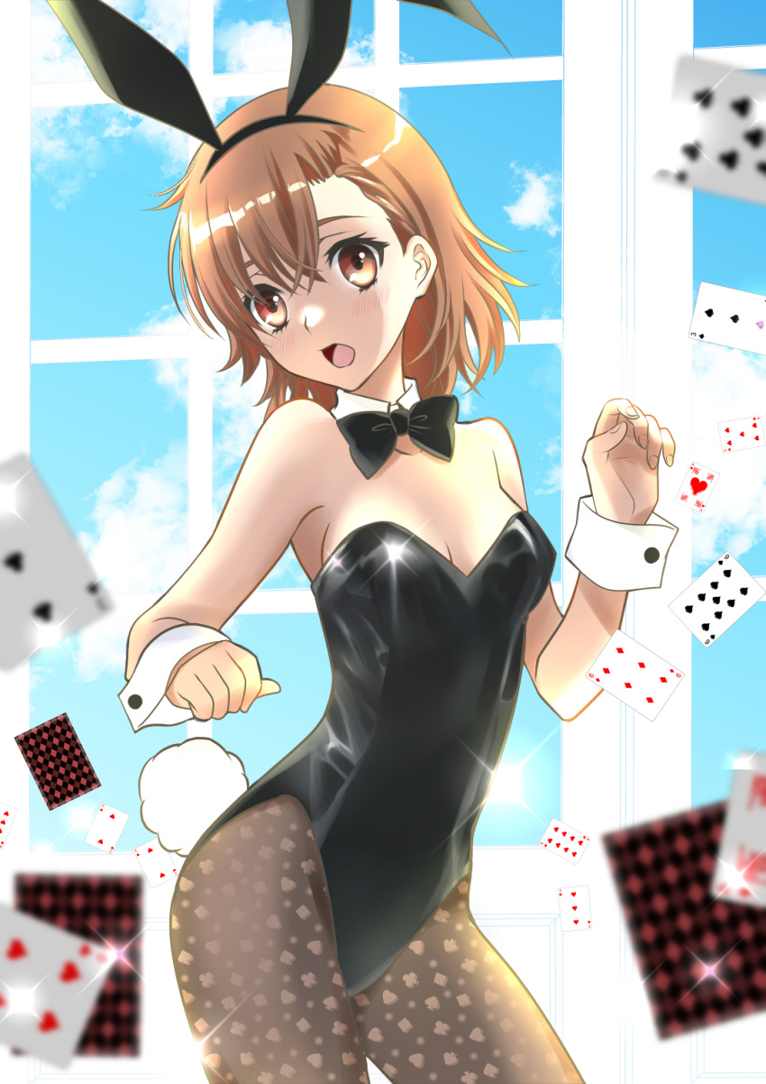 1girl :o alternate_costume animal_ears bare_arms bare_shoulders black_bow black_bowtie black_leotard black_pantyhose bow bowtie breasts brown_eyes brown_hair card commentary_request cowboy_shot detached_collar fake_animal_ears fake_tail falling_card hair_between_eyes highres leotard looking_at_viewer medium_breasts medium_hair misaka_mikoto open_mouth pantyhose playboy_bunny playing_card print_pantyhose rabbit_ears rabbit_tail solo strapless strapless_leotard tacchin_ichi-gou tail toaru_kagaku_no_railgun toaru_majutsu_no_index wrist_cuffs