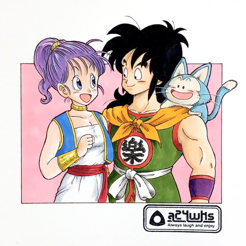 1girl 2boys a24wks artist_logo artist_name black_eyes black_hair blue_eyes breasts bulma cleavage collarbone commentary dragon_ball dragon_ball_(classic) english_commentary highres jewelry marker_(medium) medium_breasts multiple_boys muscular muscular_male neck_ring neckerchief official_style open_mouth orange_neckerchief pants ponytail puar purple_hair smile strapless toriyama_akira_(style) traditional_media tube_top watermark white_pants white_tube_top yamcha