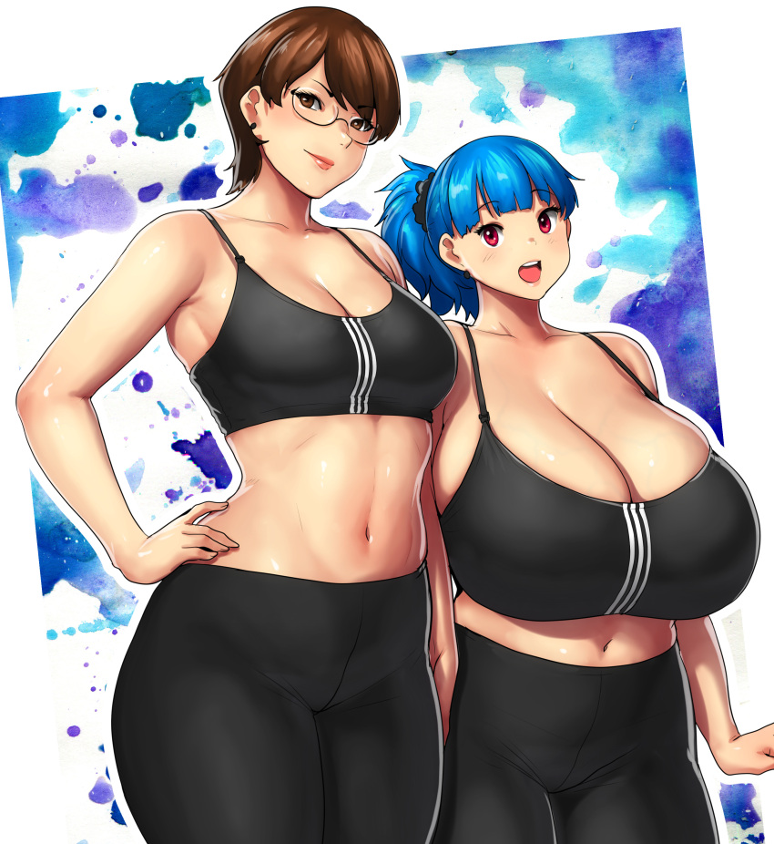 2girls absurdres ayumi_(erkaz) black_bra black_pantyhose blue_hair blush bra breasts brown_eyes brown_hair cowboy_shot erkaz glasses hand_on_own_hip highres huge_breasts looking_at_viewer medium_breasts midriff multiple_girls navel open_mouth original outline pantyhose red_eyes rina_atherina short_hair smile underwear white_outline