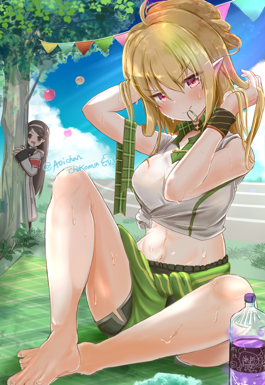 2girls absurdres balloon bare_legs barefoot behind_tree blonde_hair blue_sky blush bottle brown_hair check_commentary chloe_(princess_connect!) chokomin cloud collared_shirt commentary commentary_request day drink drooling frown gym_uniform hair_tie hair_tie_in_mouth hands_in_hair highres light_rays long_sleeves looking_at_viewer midriff mouth_hold multiple_girls navel outdoors pink_eyes pointy_ears ponytail princess_connect! racetrack shirt shorts sidelocks signature sitting sky sleeves_rolled_up sunbeam sunlight sweat tied_shirt tree