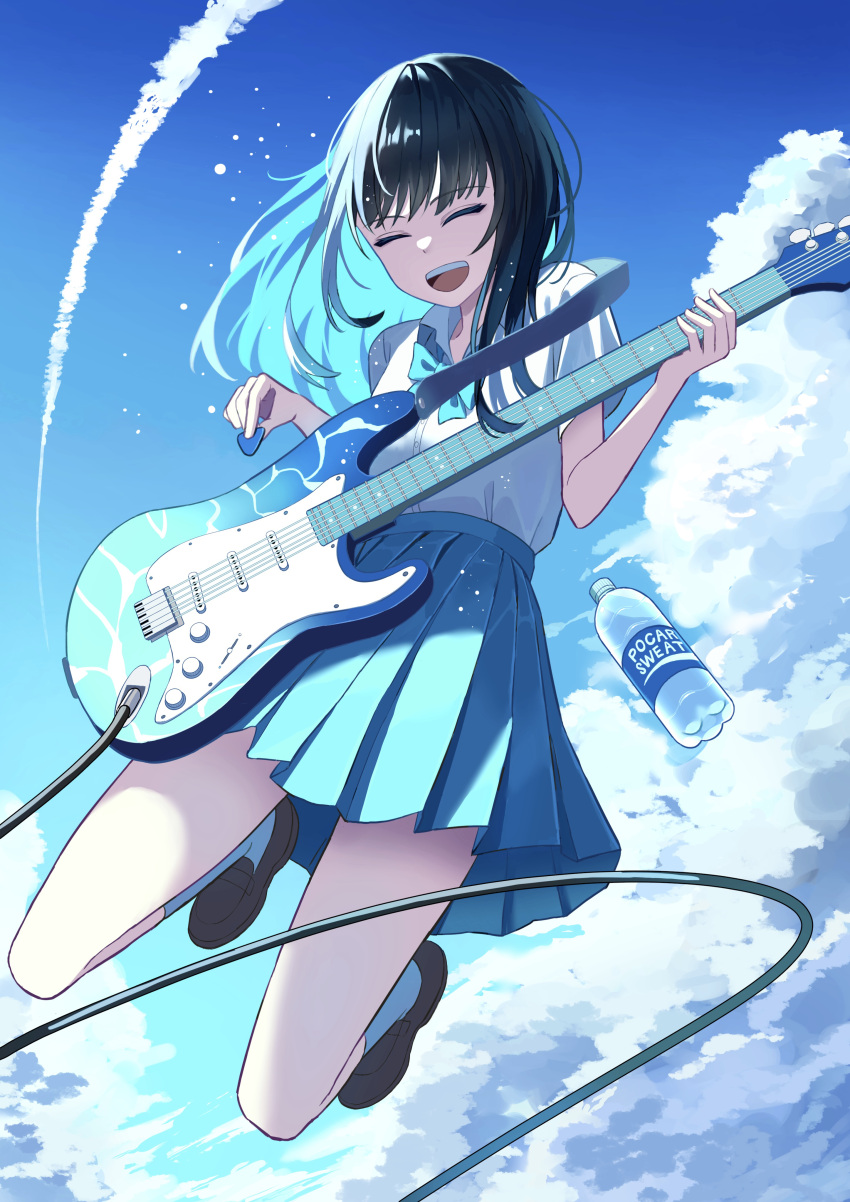 1girl absurdres black_hair blue_bow blue_skirt blue_theme bottle bow brown_footwear closed_eyes cloud collared_shirt colored_inner_hair contrail electric_guitar english_text guitar highres holding holding_plectrum instrument jumping lex_suri12 multicolored_hair open_mouth original plectrum pocari_sweat school_uniform shirt skirt sky smile socks teeth tongue two-tone_hair uniform upper_teeth_only water_bottle