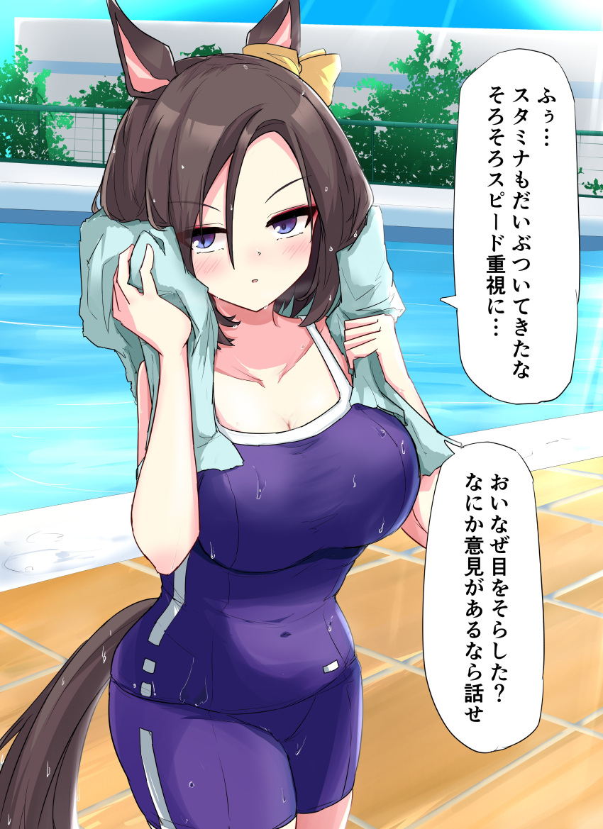 1girl absurdres air_groove_(umamusume) animal_ears blue_eyes blue_one-piece_swimsuit blush bow breasts brown_hair cleavage commentary competition_school_swimsuit ear_bow green_towel gryebooks highres holding holding_towel horse_ears horse_girl horse_tail large_breasts looking_at_viewer one-piece_swimsuit poolside school_swimsuit short_hair single_vertical_stripe solo swimsuit tail tail_through_clothes towel tracen_swimsuit umamusume wet yellow_bow