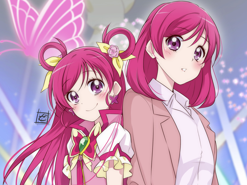 2girls artist_logo back-to-back blazer bug butterfly butterfly_brooch butterfly_earrings closed_mouth collared_shirt commentary_request cure_dream earrings frilled_sleeves frills glowing_butterfly hair_ribbon highres holding_hands jacket jewelry kibou_no_chikara_~otona_precure_'23~ long_hair looking_at_viewer magical_girl medium_hair multiple_girls parted_lips partial_commentary pink_hair pink_jacket precure puffy_short_sleeves puffy_sleeves purple_eyes ribbon shirt short_sleeves smile time_paradox two_side_up white_shirt yellow_ribbon yes!_precure_5 yes!_precure_5_gogo! yumehara_nozomi zero-theme