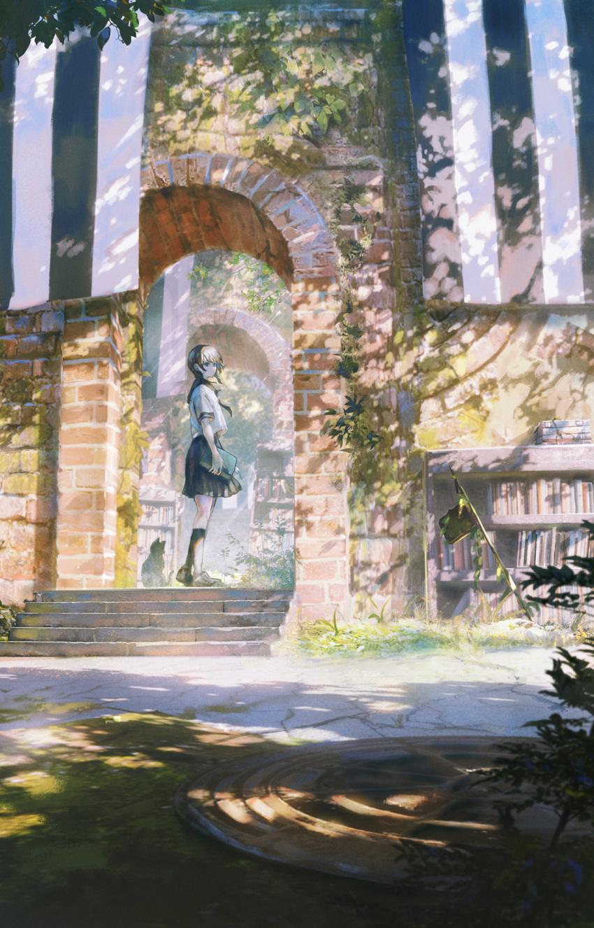 1girl animal arch black_socks book book_stack bookmark bookshelf brick brown_hair cat dappled_sunlight highres holding holding_book neckerchief original outdoors ozaki_(sn_ozk) plant pleated_skirt sailor_collar scenery school_uniform serafuku shadow skirt socks solo stairs standing sunlight vines