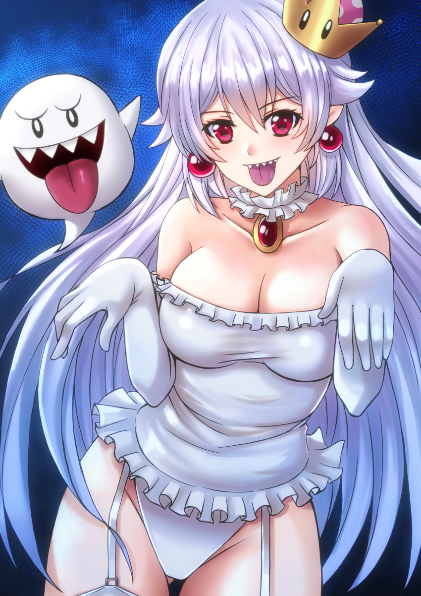 1girl absurdres boo_(mario) breasts cleavage crown dress elbow_gloves gloves hair_between_eyes highres long_hair looking_at_viewer mario_(series) new_super_mario_bros._u_deluxe open_mouth personification princess_king_boo sawwei005 sharp_teeth smile solo super_crown teeth tongue tongue_out white_dress white_gloves