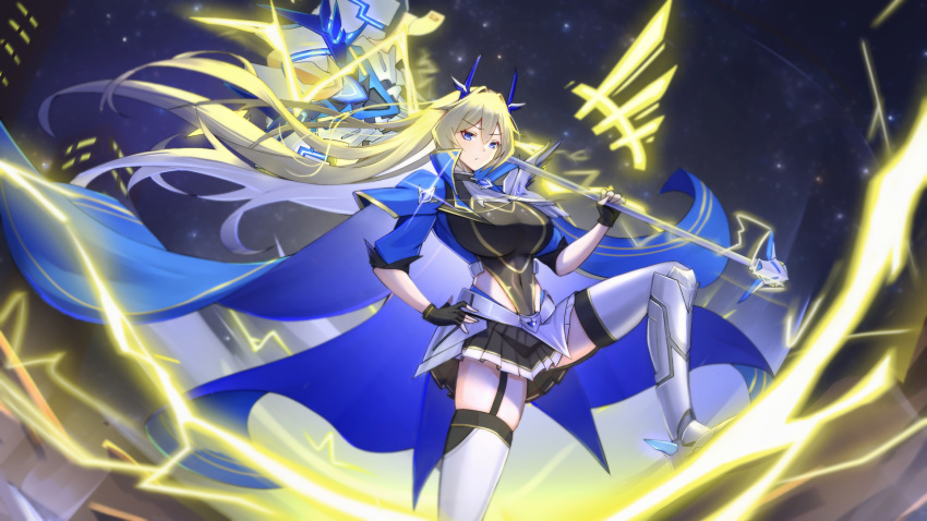 1girl arena_of_valor armored_boots black_garter_straps black_gloves black_leotard black_skirt blonde_hair blue_cape blue_eyes boots breasts cape covered_navel english_commentary floating_hair foot_out_of_frame garter_straps gloves grey_footwear hand_on_own_hip headgear highres holding holding_polearm holding_weapon huge_breasts impossible_clothes impossible_leotard leotard lightning long_hair looking_at_viewer miniskirt original pleated_skirt polearm renzero_(user_vmsj8444) skirt solo thigh_boots valkyrie very_long_hair weapon