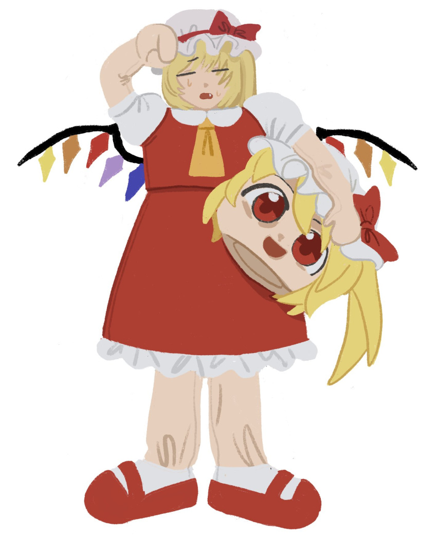 1girl ascot blonde_hair bow closed_eyes cosplay daiouika_495 fang flandre_scarlet flandre_scarlet_(cosplay) full_body hat hat_bow highres holding mary_janes medium_hair mob_cap multicolored_wings one_side_up open_mouth puffy_short_sleeves puffy_sleeves red_bow red_eyes red_footwear red_skirt red_vest shirt shoes short_sleeves simple_background skirt skirt_set socks solo standing sweat touhou vest white_background white_headwear white_shirt white_socks wings yellow_ascot