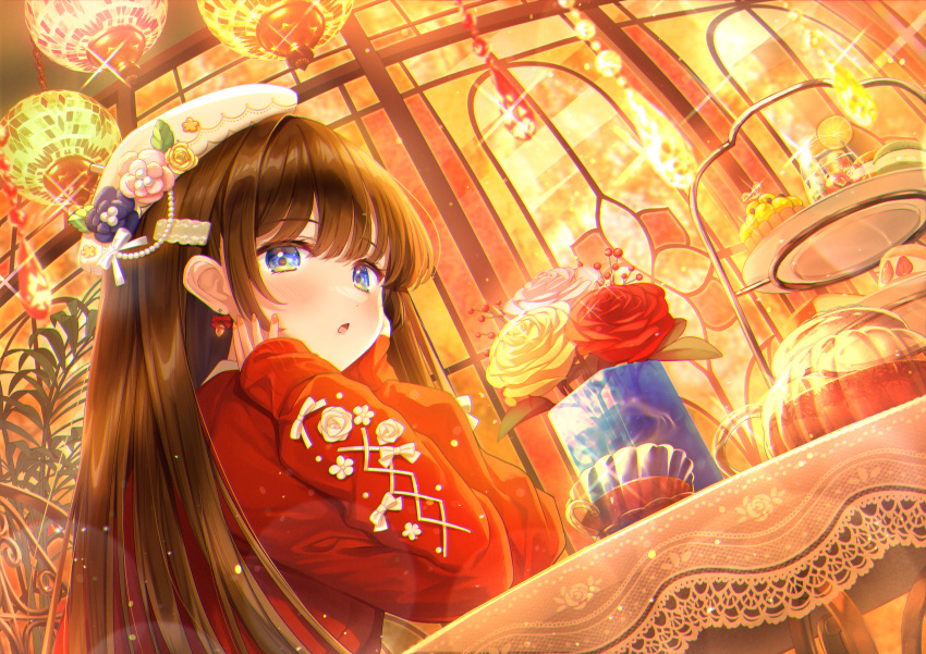 1girl blue_eyes blush bow bow_earrings brown_hair cafe cup dessert earrings flower food fruit gem glass_teacup glass_teapot hair_ornament hairclip hat hat_flower highres indoors jewelry long_hair long_sleeves looking_at_viewer lushuao nail_polish open_mouth orange_(fruit) orange_slice original pearl_(gemstone) plant restaurant rose sleeves_past_wrists solo stained_glass sweater table tablecloth teacup teapot tiered_tray vase