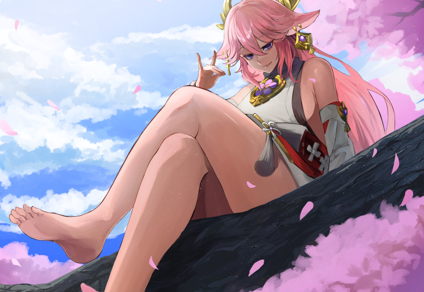 1girl absurdres animal_ears bare_legs bare_shoulders barefoot breasts cherry_blossoms cloud cloudy_sky crossed_bangs crossed_legs detached_sleeves earrings falling_petals feet floppy_ears foot_out_of_frame fox_ears fox_shadow_puppet genshin_impact hair_between_eyes hair_ornament hand_up highres in_tree jewelry large_breasts legs long_hair looking_at_viewer nail_polish nekotokage nontraditional_miko petals pink_hair pink_nails purple_eyes shirt sideboob sitting sitting_in_tree sky sleeveless sleeveless_shirt smile soles solo thighs toenails toes tree turtleneck very_long_hair yae_miko