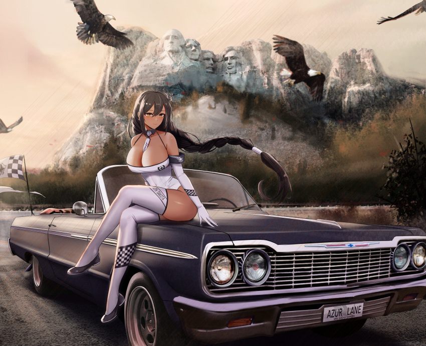 1girl absurdres alternate_costume azur_lane bald_eagle bird braid braided_ponytail breasts car character_name checkered_flag chevrolet chevrolet_impala cleavage copyright_name crossed_legs dark-skinned_female dark_skin eagle eagle_union_(emblem) flag full_body highleg highleg_leotard highres kcar66t large_breasts leotard license_plate long_hair motor_vehicle mount_rushmore muscle_car product_placement race_queen real_world_location road sitting_on_car south_dakota_(azur_lane) third-party_source white_leotard