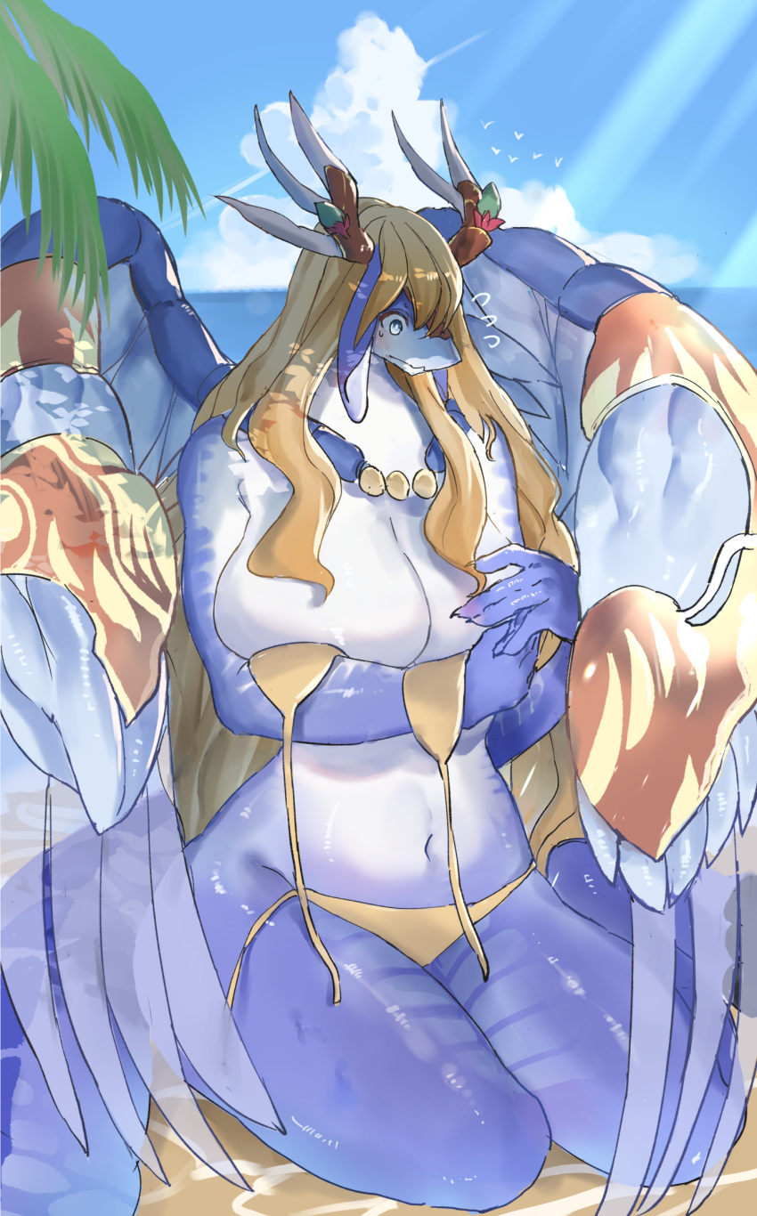 anthro big_breasts bikini blonde_hair breasts clothed clothing dragon duel_monster feathered_dragon feathered_wings feathers female hair hi_res horn konami outside passionpit777 saffira_queen_of_dragons solo swimwear wings yu-gi-oh!