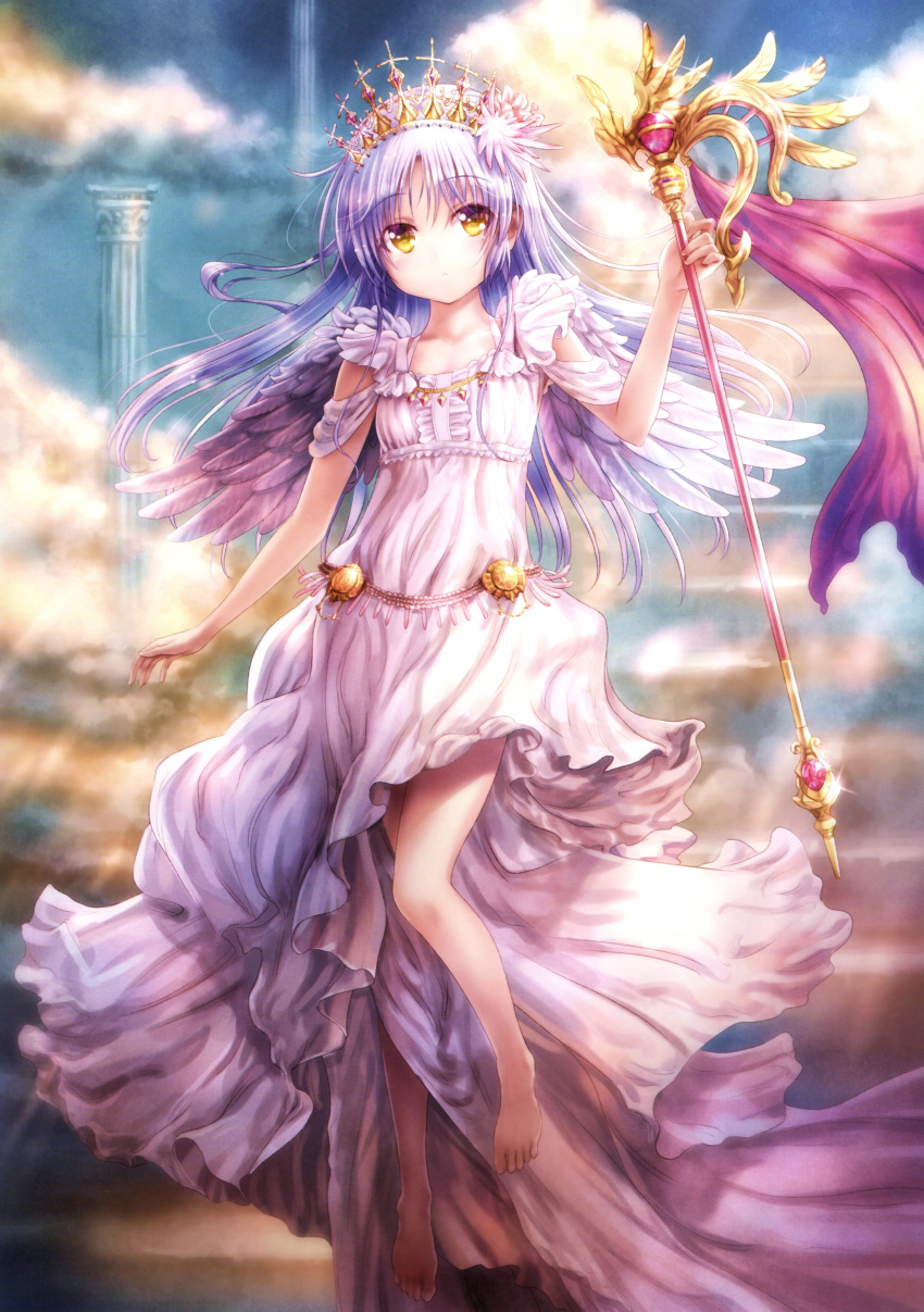 1girl absurdres alternate_costume angel angel_beats! angel_wings arm_at_side barefoot blue_sky blush breasts cloud column commentary day dress expressionless eyelashes eyes_visible_through_hair feathered_wings feet floating_hair frilled_dress frills full_body glint goto_p grey_hair highres holding holding_staff light_rays long_dress long_hair looking_at_viewer midair outdoors parted_bangs parted_lips pillar scan scepter sidelocks sky small_breasts solo staff sunbeam sunlight tachibana_kanade tiara toes wand white_dress white_wings wings yellow_eyes