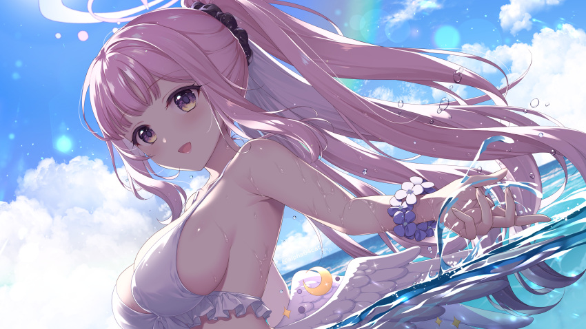 1girl :d absurdres alpha_(yukai_na_nakamatachi) angel_wings bikini black_scrunchie blue_archive bracelet breasts cloud cloudy_sky commentary_request day dutch_angle feathered_wings frilled_bikini frills halo highres jewelry large_breasts lens_flare long_hair looking_at_viewer low_wings mika_(blue_archive) ocean open_mouth outdoors outstretched_arm partially_submerged pink_hair ponytail scrunchie sideboob sidelocks sky smile solo splashing swimsuit wet white_wings wings yellow_eyes
