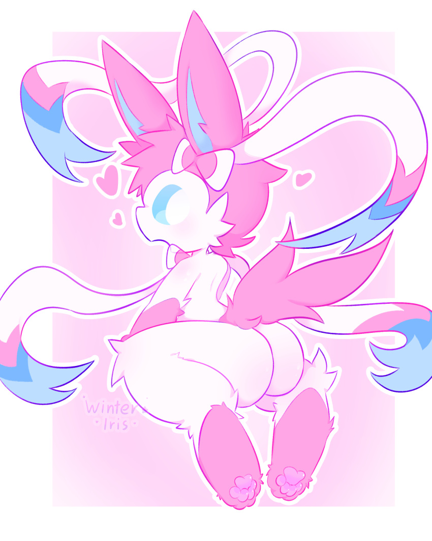 &lt;3 4_toes absurd_res ambiguous_gender anthro ass_up bent_legs big_butt blue_eyes blush bow_ribbon butt digital_media_(artwork) eevee eeveelution feet fluffy fluffy_ears fluffy_tail foot_fetish foot_focus fur fur_markings generation_1_pokemon generation_6_pokemon hair hi_res leg_markings legs_up looking_at_viewer mammal markings nintendo open_mouth pawpads paws pink_body pink_fur pink_hair pokemon pokemon_(species) ribbons ribbons_(anatomy) simple_background socks_(marking) solo spread_legs spreading sylveon tail toes tuft white_background white_body white_fur winteriris42