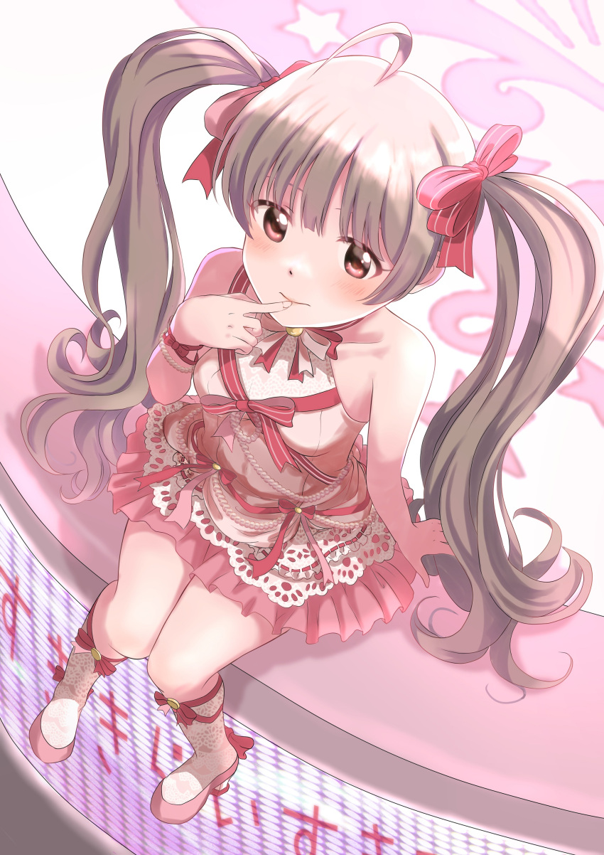1girl absurdres ahoge bare_shoulders blush bracelet brown_eyes brown_hair closed_mouth dress finger_to_mouth hair_ribbon hakozaki_serika high_heels highres idolmaster idolmaster_million_live! idolmaster_million_live!_theater_days jewelry knees_together_feet_apart lace lace-trimmed_dress lace_legwear lace_trim long_hair looking_at_viewer looking_up pearl_bracelet pink_dress red_ribbon ribbon sitting solo twintails wrist_ribbon yukipo_p_(ss900yellowducati)