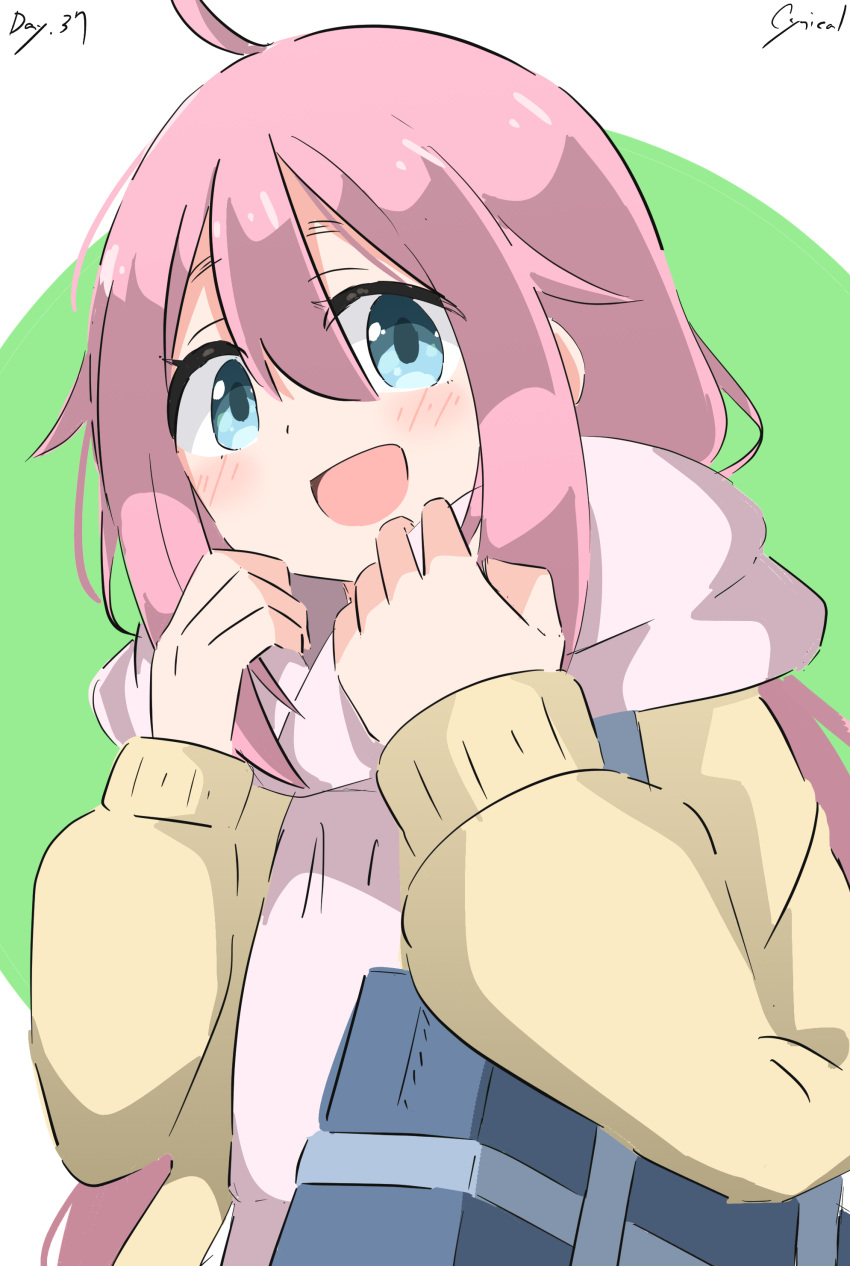 1girl :d absurdres blue_eyes blush carrying carrying_bag carrying_under_arm coat cynical_(llcbluckg_c004) green_background hair_between_eyes hands_up highres kagamihara_nadeshiko open_mouth pink_hair pink_scarf scarf signature smile solo tareme upper_body yellow_coat yurucamp