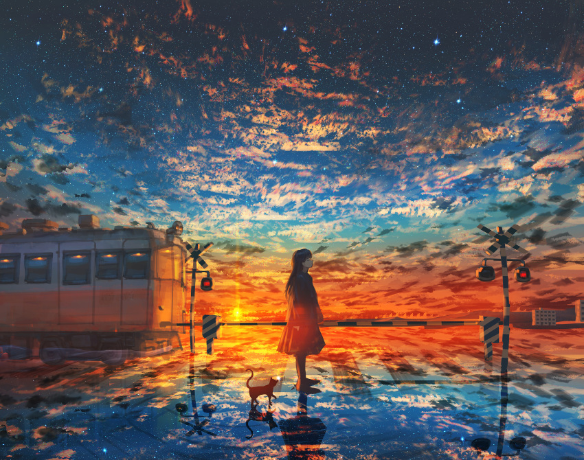 1girl absurdres black_hair black_jacket blue_sky building cat cloud crosswalk evening ground_vehicle highres horizon jacket kenzo_093 long_hair original railroad_crossing reflection reflective_water scenery skirt sky solo standing star_(sky) starry_sky sun sunset train