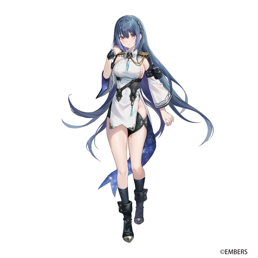 1girl arm_at_side ash_arms black_footwear blue_hair boots breasts character_request copyright detached_sleeves dress fringe_trim full_body groin hair_between_eyes hand_up highres knee_boots large_breasts legs_apart lino_chang long_hair long_sleeves looking_at_viewer official_art pelvic_curtain pink_eyes raised_eyebrows short_dress shoulder_boards side_slit sidelocks simple_background sleeveless sleeveless_dress solo straight-on tachi-e thighs white_background white_dress white_sleeves