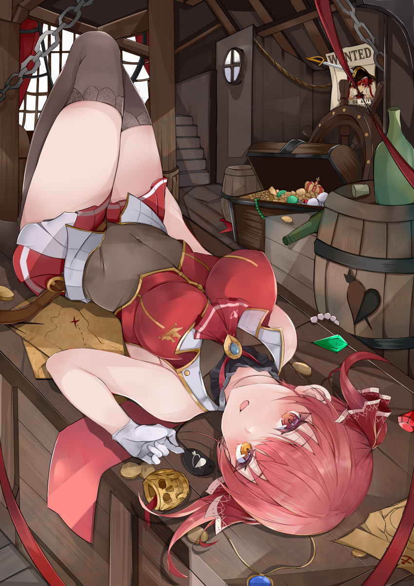 1girl absurdres ascot barrel belt blue_gemstone bottle breasts brown_belt chain eyepatch eyepatch_removed fang gem gloves green_gemstone heart heterochromia highres hololive houshou_marine large_breasts long_hair lying map navel on_back open_mouth red_ascot red_eyes red_gemstone red_hair red_skirt see-through ship_interior skirt skull_cup sleeveless solo stairs thighhighs treasure_chest virtual_youtuber wanted white_gloves xhajimek yellow_eyes