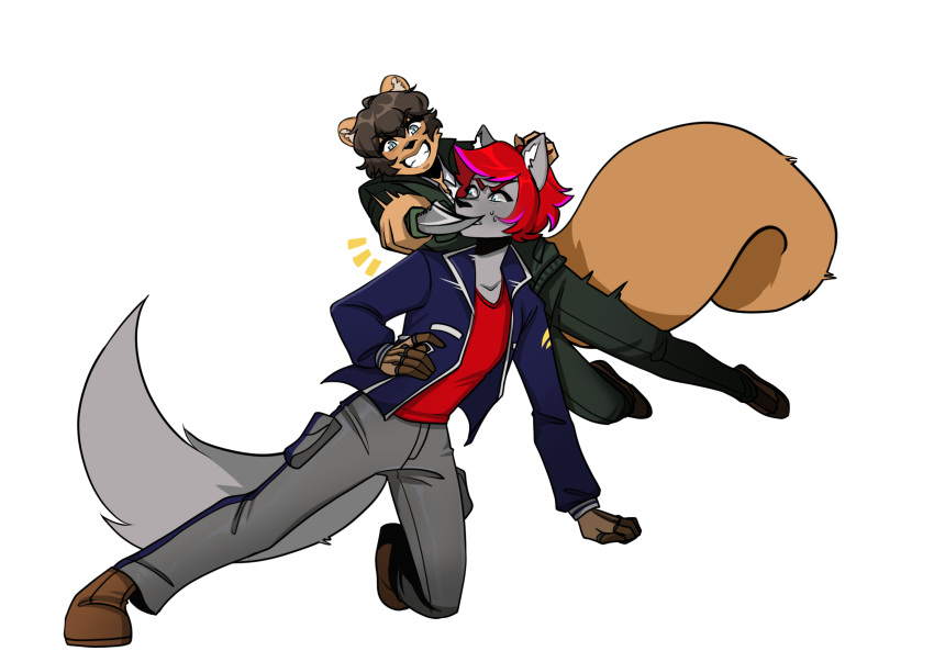 action_pose anthro bottomwear canid canine canis clothing dexter_manning_(sniperwaffle115) duo fight footwear hi_res jacket jason_maddox_(sniperwaffle115) knife luminaxandra male male/male mammal panicking pants pose rodent science_fiction sciurid shoes smile topwear tree_squirrel wolf