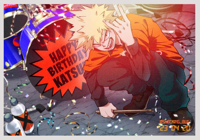 1boy \n/ arm_on_knee bakugou_katsuki birthday black_shirt blonde_hair bloom blurry blurry_background boku_no_hero_academia border bottle cable character_name chromatic_aberration collared_shirt confetti dated depth_of_field drum drum_set drumsticks full_body furrowed_brow green_pants grey_border hair_between_eyes hand_up happy happy_birthday highres holding holding_drumsticks instrument leaning_forward looking_at_viewer looking_to_the_side male_focus nikaidou_iroha open_cuffs open_mouth orange_shirt pants photo_background print_shirt red_eyes sanpaku segment_display shirt short_hair smile soft_focus solo spiked_hair squatting streamers tile_floor tiles turning_head twitter_username undershirt v-shaped_eyebrows water_bottle x