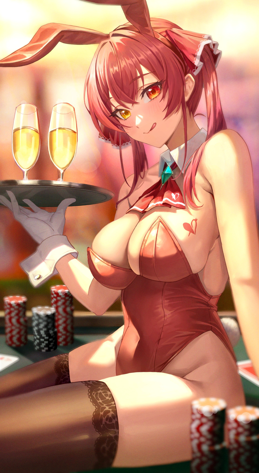 1girl :q absurdres animal_ears armpit_crease arrow_through_heart ascot bare_shoulders black_thighhighs blurry blurry_foreground breast_tattoo breasts champagne_flute commentary_request cup depth_of_field detached_collar drinking_glass fake_animal_ears fake_tail gloves hair_ribbon heterochromia highleg highleg_leotard highres holding holding_tray hololive houshou_marine kobayashi_(jna_x_rgh) large_breasts leotard light_blush long_hair looking_at_viewer looking_back playboy_bunny poker_chip rabbit_ears rabbit_tail red_ascot red_eyes red_hair red_leotard red_ribbon ribbon sitting solo strapless strapless_leotard tail tattoo thighhighs tongue tongue_out tray twintails virtual_youtuber white_gloves yellow_eyes