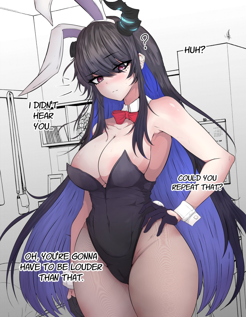 1girl ? alternate_costume animal_ears areola_slip bare_arms bare_shoulders black_gloves black_hair black_horns black_leotard blue_hair blush bow bowtie breasts broken_horn cleavage closed_mouth colored_inner_hair commentary detached_collar english_commentary english_text fake_animal_ears fake_tail gloves hairband hand_on_own_hip highres hololive hololive_english horns large_breasts leotard long_hair looking_at_viewer mayoa mole mole_under_eye multicolored_hair nerissa_ravencroft pantyhose playboy_bunny purple_eyes rabbit_ears rabbit_tail red_bow red_bowtie solo tail thighs two-tone_hair white_hairband wrist_cuffs