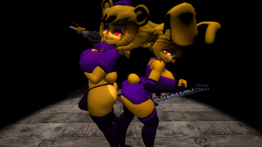 3d_(artwork) animal_humanoid anthro bear bonnie_(cally3d) clothing digital_media_(artwork) duo female female/female five_nights_at_freddy's fredbear_(fnaf) fredina_(cally3d) humanoid lactose_(artist) lagomorph lagomorph_humanoid leporid_humanoid mammal mammal_humanoid rabbit_humanoid scottgames spring_bonnie_(fnaf) thong underwear ursid_humanoid