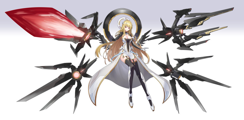 1girl absurdres blonde_hair boots borrowed_character breasts commission floating floating_object floating_sword floating_weapon full_body garter_straps gradient_background halo highres large_breasts long_hair looking_at_viewer mecha_musume mechanical_halo mytea_(soso) original red_eyes skeb_commission solo sword thigh_boots weapon