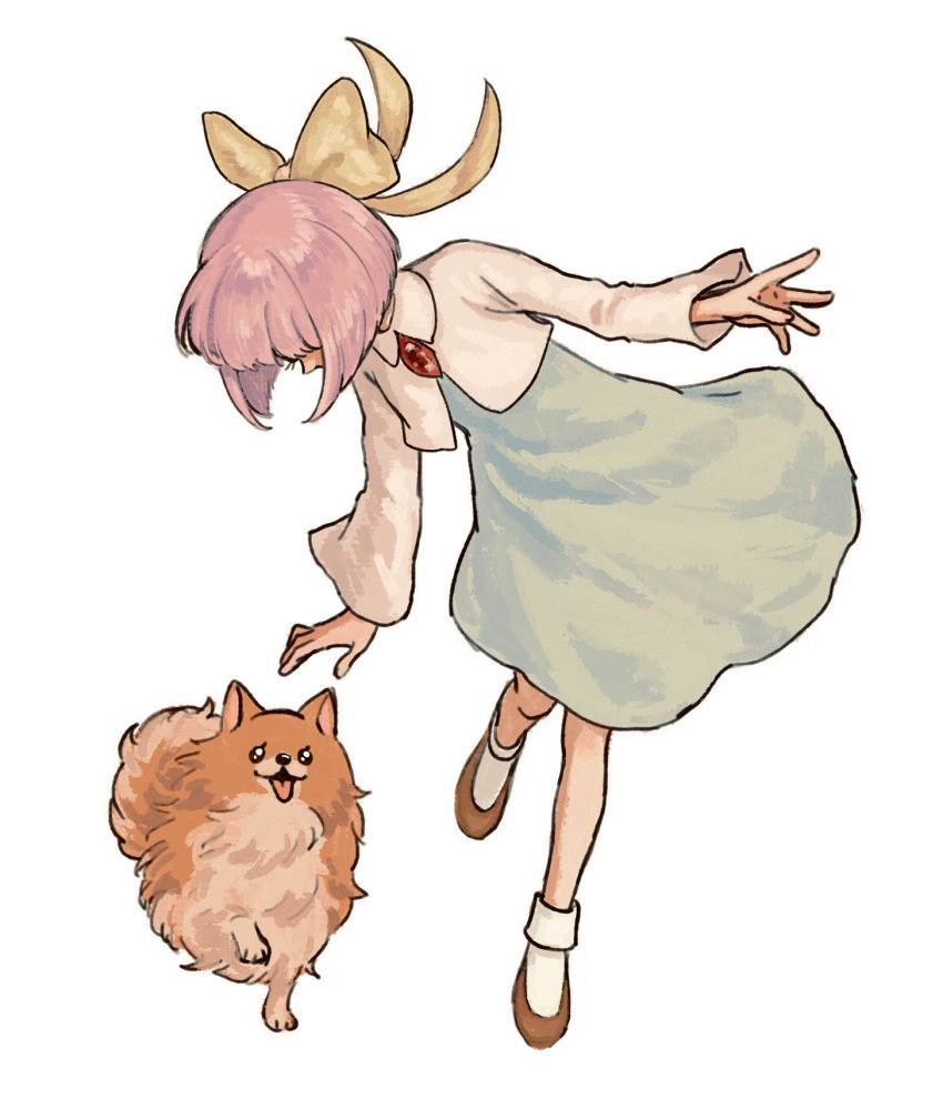 1girl blue_dress bob_cut bow brown_footwear brown_fur cropped_jacket dog dress full_body ghost_trick hair_bow highres jacket kanon_(ghost_trick) light_purple_hair long_sleeves looking_at_animal missile_(ghost_trick) pomeranian pomeranian_(dog) renshu_usodayo shoes short_hair simple_background socks solo standing standing_on_one_leg two-tone_fur white_background white_jacket white_socks yellow_bow