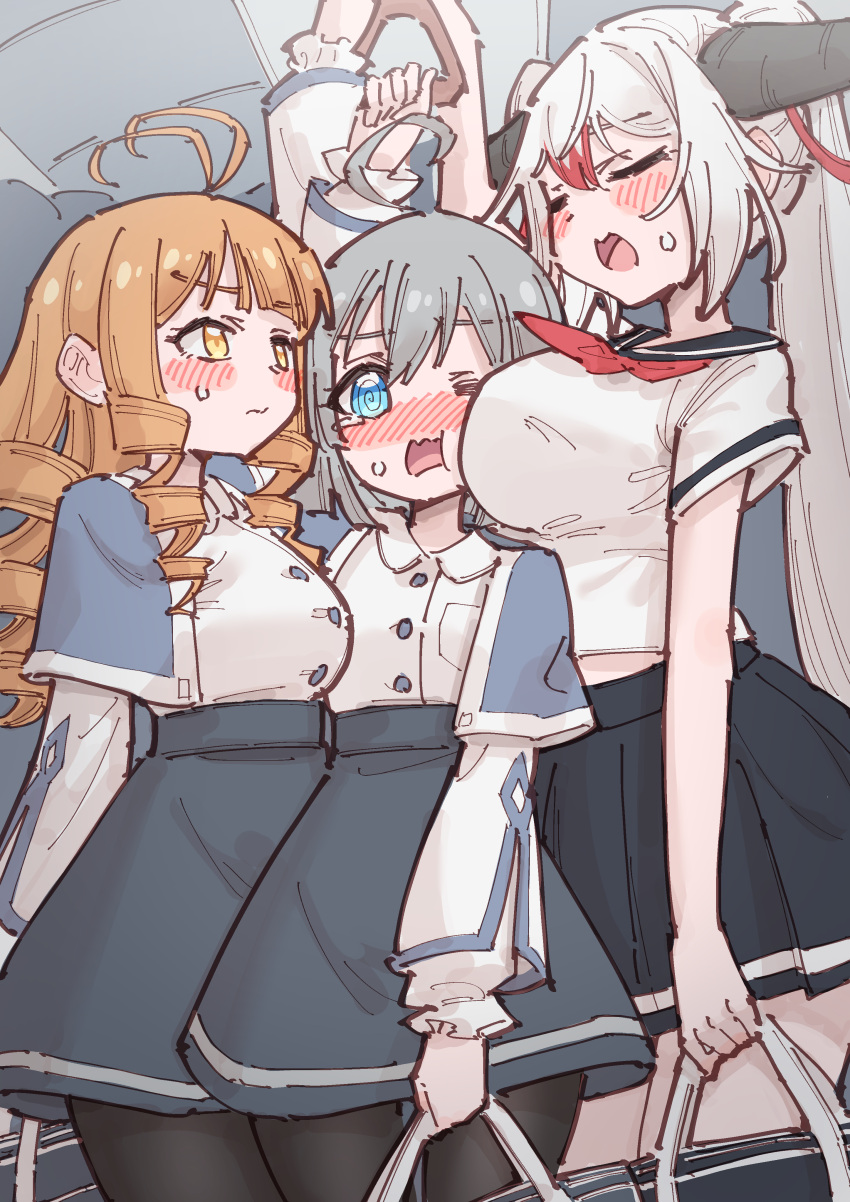 3girls @_@ absurdres ahoge aleida_(rune_(dualhart)) antenna_hair arm_up bag between_breasts black_horns black_pantyhose blue_capelet blue_eyes blue_sailor_collar blue_skirt blush breast_envy breast_pocket breasts buttons capelet closed_eyes closed_mouth collared_shirt commentary_request cowboy_shot demon_girl demon_horns drill_hair drill_sidelocks embarrassed english_commentary evelyn_(rune_(pixiv_25170019)) grey_hair haley_(rune_(pixiv_25170019)) hand_grip head_between_breasts high-waist_skirt highres holding holding_bag horns large_breasts layered_sleeves long_hair long_sleeves looking_at_viewer medium_breasts midriff_peek miniskirt mixed-language_commentary multicolored_hair multiple_girls neckerchief nose_blush one_eye_closed open_mouth orange_hair original pantyhose partial_commentary pleated_skirt pocket red_hair red_neckerchief rune_(dualhart) sailor_collar school_bag school_uniform serafuku shirt shirt_tucked_in short_hair short_sleeves sidelocks sketch skirt small_breasts standing streaked_hair sweat tears train_interior two-tone_hair u_u wavy_mouth white_hair white_shirt white_trim wince yellow_eyes