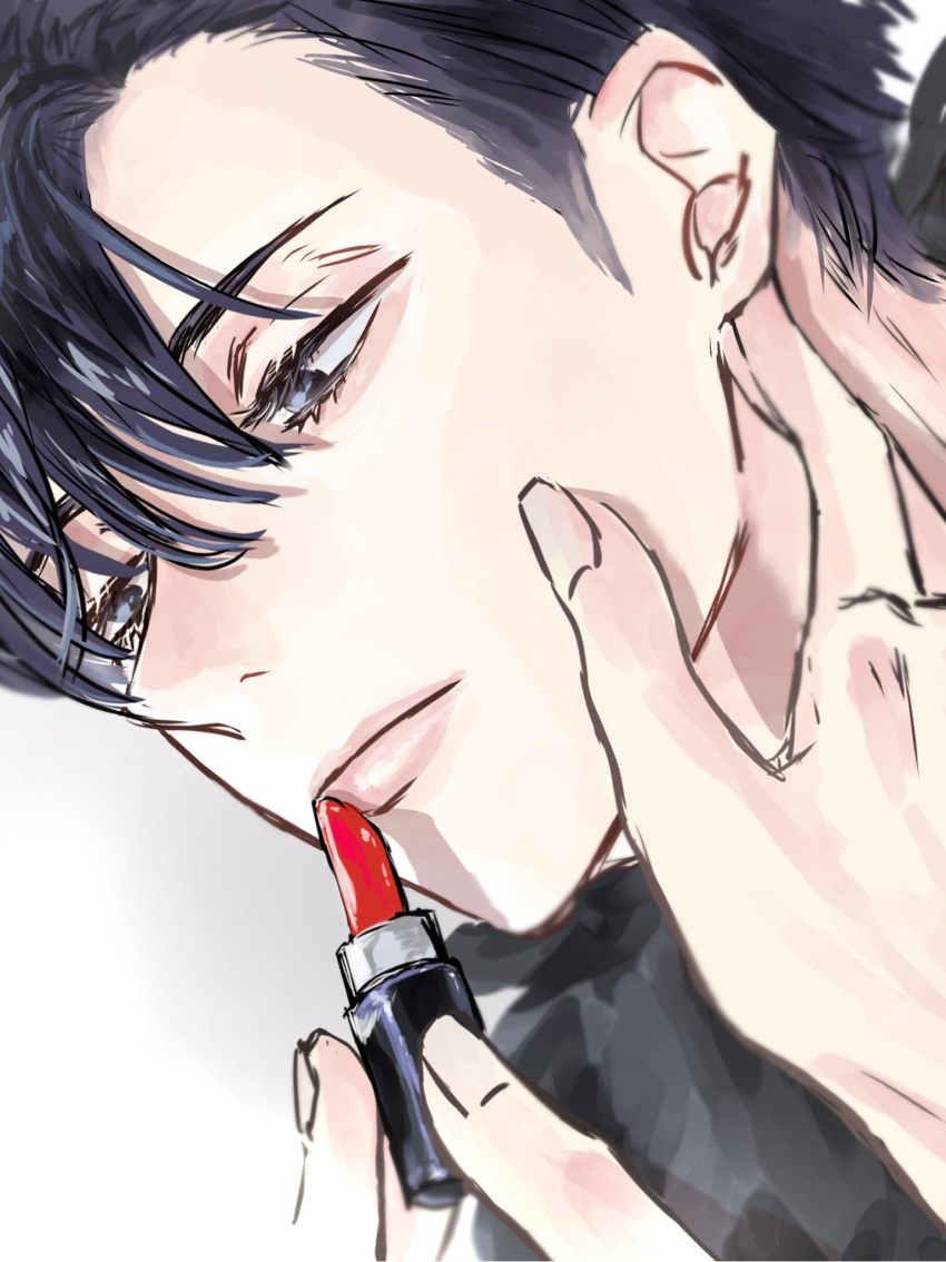 1boy alien_stage black_eyes black_hair black_shirt cosmetics highres holding holding_lipstick_tube ivan_(alien_stage) lipstick_tube male_focus pov red_lipstick_tube roki22 shirt short_hair solo