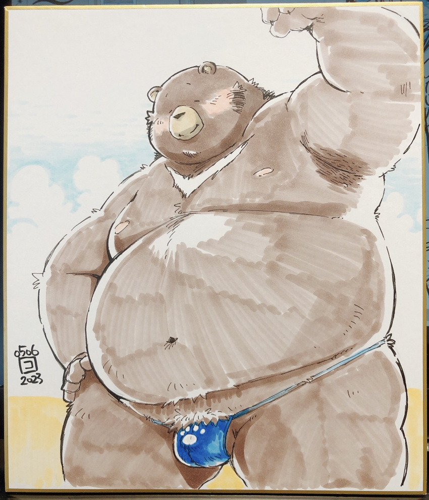 2023 anthro asian_clothing bear belly big_belly blue_clothing blue_fundoshi blue_underwear brown_body bulge clothing east_asian_clothing eyes_closed fundoshi hi_res humanoid_hands japanese_clothing kemono male mammal moobs nipples overweight overweight_male solo totemoii_029 underwear