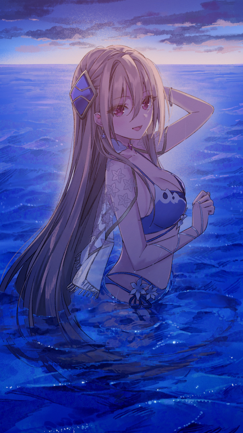 1girl absurdres arm_up backlighting bikini blue_bikini breasts brown_hair capelet choker cleavage from_side hair_ornament heaven_burns_red highres long_hair looking_at_viewer looking_to_the_side medium_breasts multi-strapped_bikini ocean official_art open_mouth outdoors purple_eyes sako_(35s_00) see-through shirakawa_yuina smile solo standing string_bikini sunset swimsuit very_long_hair wading water white_choker