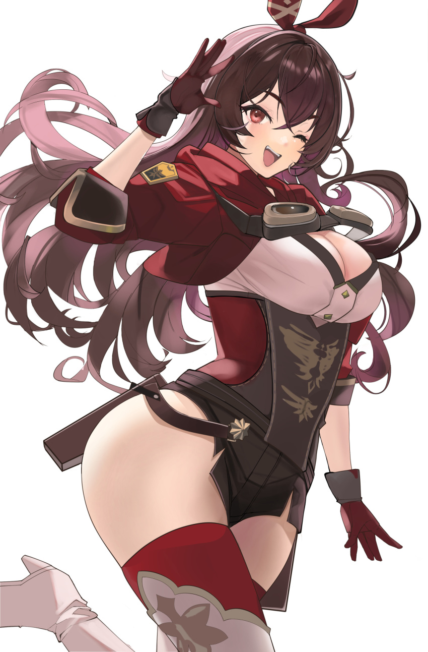 1girl amber_(genshin_impact) belt blush breasts brown_eyes brown_gloves brown_hair brown_shorts cleavage cropped_jacket crossed_bangs genshin_impact gloves goggles goggles_around_neck hair_ribbon hareno_chiame highres jacket long_hair looking_at_viewer medium_breasts one_eye_closed open_mouth pouch red_jacket red_ribbon ribbon short_shorts shorts shrug_(clothing) smile solo thighs