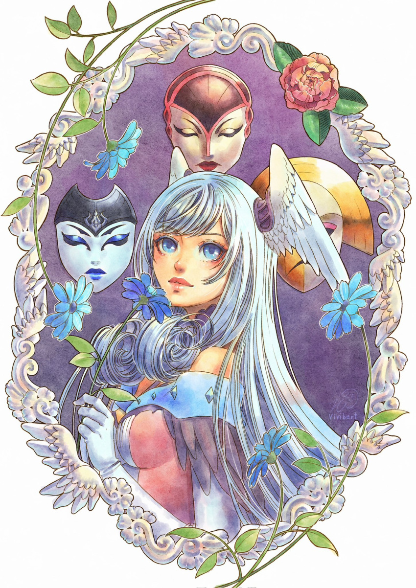 1girl blue_eyes blue_lips circular_border flower head_wings highres mask mask_removed purple_background red_lips spoilers vvbert white_hair wings xenoblade_chronicles_(series) xenoblade_chronicles_1 xenoblade_chronicles_3