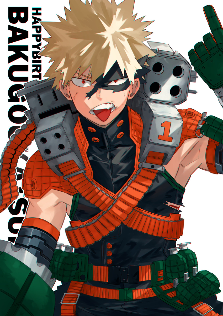 1boy armor armpits bakugou_katsuki belt black_bodysuit black_gloves black_mask blonde_hair bodysuit boku_no_hero_academia explosive eye_mask gloves grenade highres index_finger_raised male_focus mirin_(coene65) red_eyes shoulder_armor solo spiked_hair teeth tongue tongue_out torn_mask