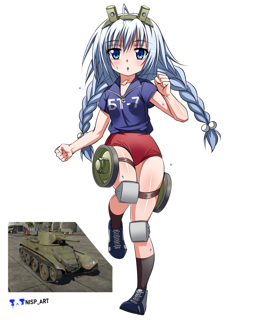 absurdres ahoge blue_eyes blue_shirt braid bt-7 buruma clothes_writing headgear highres knee_pads low_twintails military_vehicle motor_vehicle nisp_art personification red_bloomers running russian_text shirt soviet_army tank thigh_strap twintails war_thunder watermark wheel white_hair