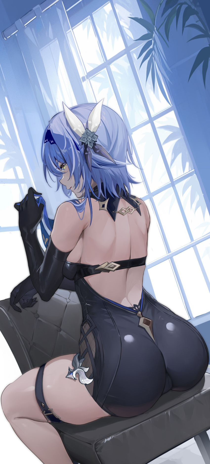 1girl absurdres ass back black_hairband blue_hair breasts commentary_request elbow_gloves eula_(genshin_impact) from_behind genshin_impact gloves hair_ornament hairband highres kikimi medium_breasts medium_hair on_chair shoulder_blades sideboob sitting sitting_backwards thigh_strap thighs window yellow_eyes