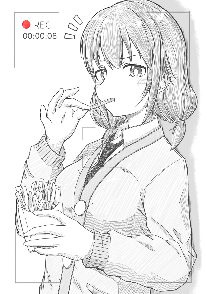 1girl annoyed blush buttons cardigan collared_shirt commentary_request eating fast_food food food_in_mouth french_fries greyscale hand_up highres holding holding_food long_sleeves looking_at_viewer low_twintails medium_hair monochrome necktie noiine_nort notice_lines recording school_uniform shirt simple_background solo spot_color tamura_yuri timestamp twintails upper_body viewfinder watashi_ga_motenai_no_wa_dou_kangaetemo_omaera_ga_warui!