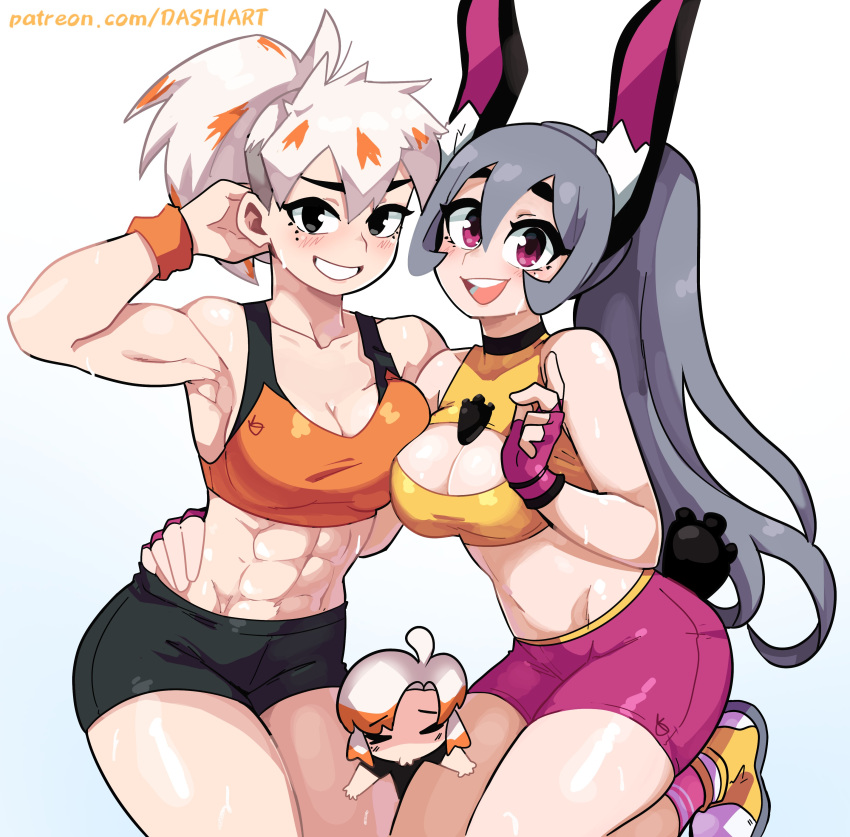 3girls abs absurdres animal_ears arm_behind_head armpits black_eyes blush breasts chibi cleavage cleavage_cutout clothing_cutout dashi fingerless_gloves gloves grey_hair hand_on_another's_hip highres kneeling long_hair looking_at_viewer multicolored_hair multiple_girls muscular muscular_female orange_hair original pink_eyes rabbit_ears rabbit_tail shoes shorts smile sneakers sweatband tail tank_top toned white_hair