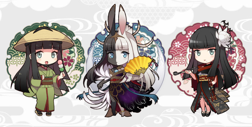 3girls :d animal_ears anklet bat_hair_ornament black_collar black_footwear black_hair black_kimono black_skin blue_eyes blunt_bangs blunt_ends brown_footwear chibi collar colored_skin dango epiphyllum final_fantasy final_fantasy_xiv flower folding_fan food full_body green_kimono grey_background grey_eyes hair_flower hair_ornament hair_stick hand_fan hand_on_own_hip hat highres holding holding_fan holding_food holding_smoking_pipe hyur inrou japanese_clothes jewelry kimono kiseru long_hair looking_at_viewer mole mole_under_mouth multicolored_hair multicolored_skin multiple_girls multiple_persona nama014 obi obiage obijime okobo open_mouth purple_kimono rabbit_ears rice_hat sandals sash seigaiha smile smoking_pipe split-color_hair standing straight_hair straw_hat tiara tsukuyomi_(ff14) two-tone_hair two-tone_skin wagashi white_hair white_skin yotsuyu_goe_brutus