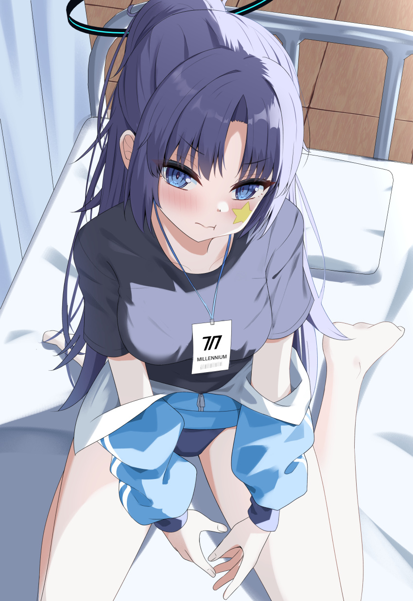 1girl absurdres bare_legs barefoot black_shirt blue_archive blue_buruma blue_eyes blush breasts buruma cpk_prd half_updo halo highres infirmary jacket lanyard looking_at_viewer medium_breasts official_alternate_costume open_clothes open_jacket purple_hair seiza shirt sitting solo star_sticker sticker_on_face yuuka_(blue_archive) yuuka_(track)_(blue_archive)