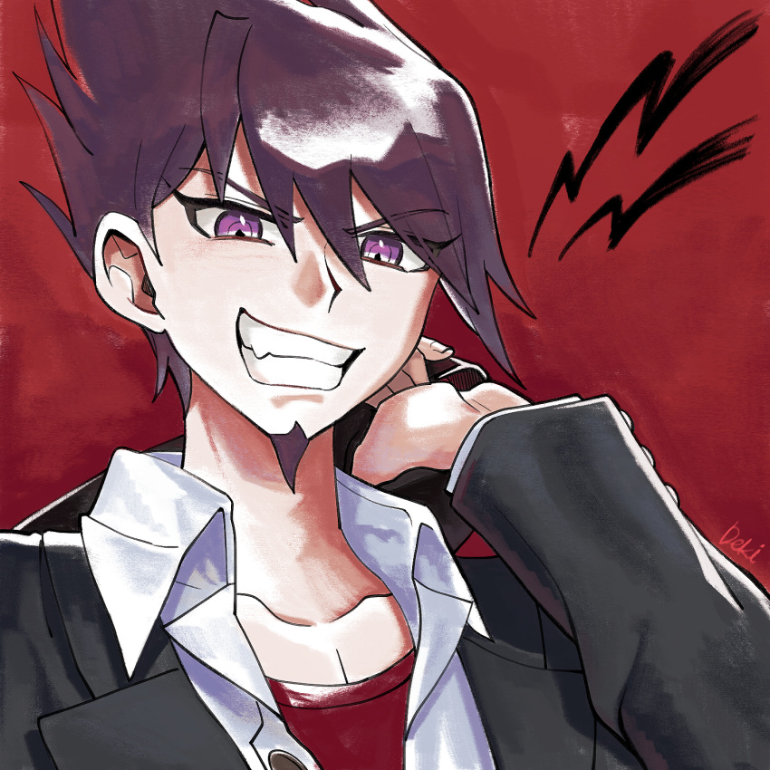 black_jacket brown_hair collarbone collared_shirt danganronpa_(series) danganronpa_v3:_killing_harmony facial_hair fang goatee grin hair_between_eyes haji_(hajimaji) hand_up highres jacket long_sleeves momota_kaito pink_eyes portrait red_background red_shirt shirt smile solo spiked_hair teeth white_shirt